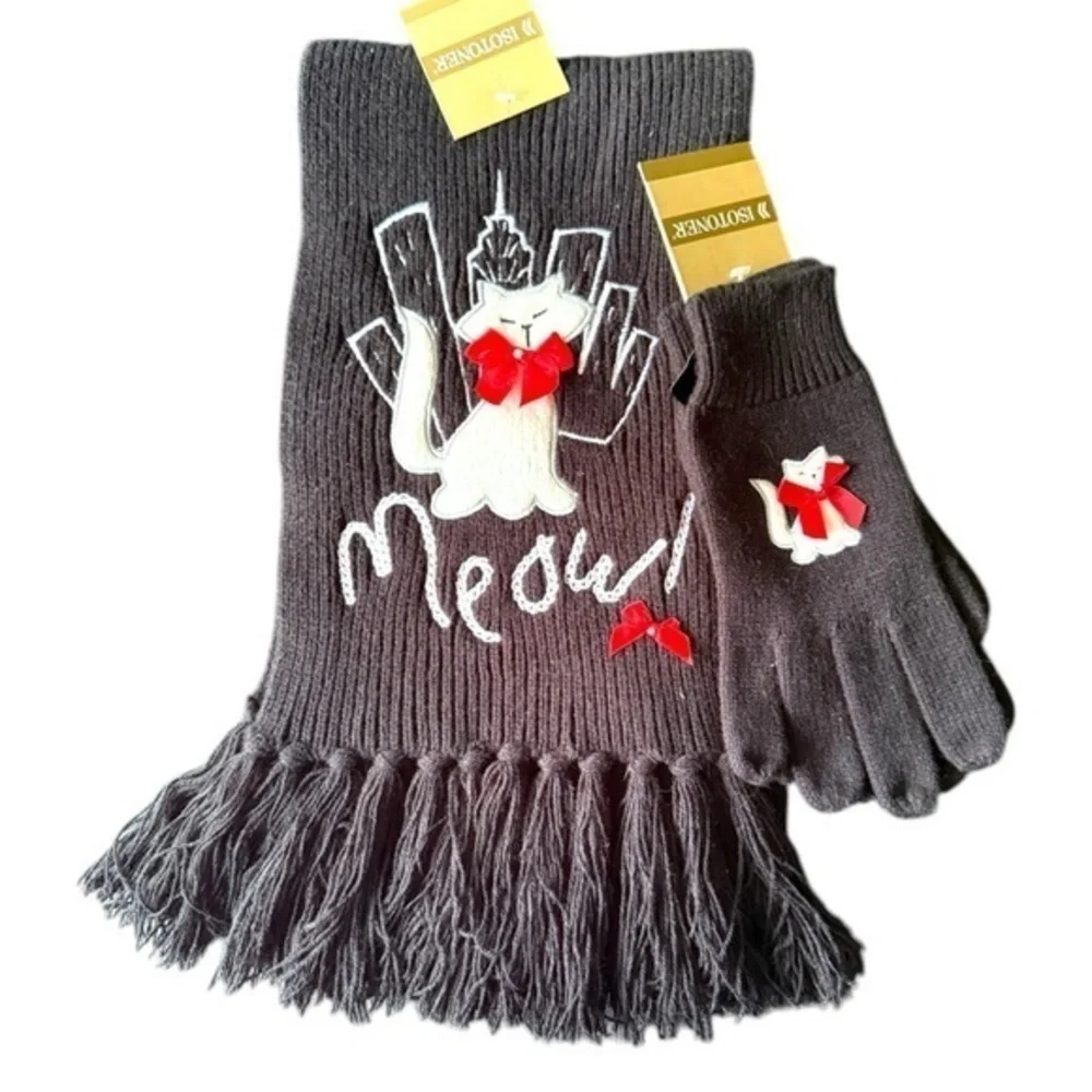 New ▶️ Isotoner ◀️ Cat Scarf and Gloves. Set / Lot
